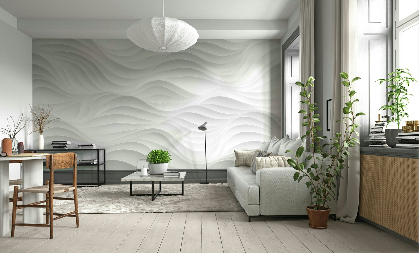 The colors are a monochromatic palette of pure white and soft gray shadows.

