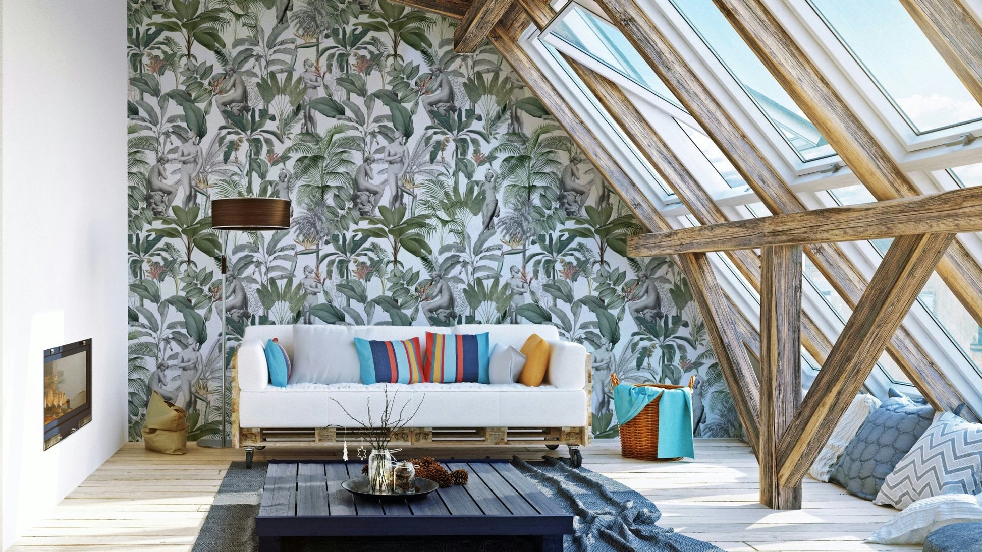 Creative tropical interior design using leafy textured wallpaper

