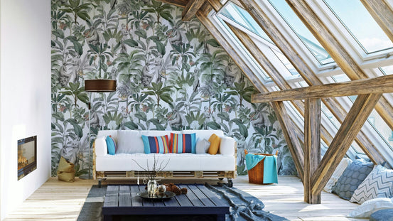 Creative tropical interior design using leafy textured wallpaper, GD1367