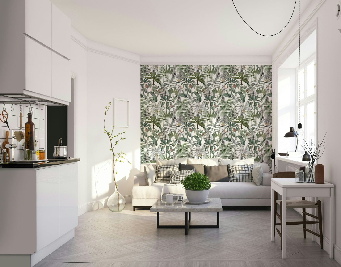 Artistic tropical wallpaper featuring sculptural leaf motifs

