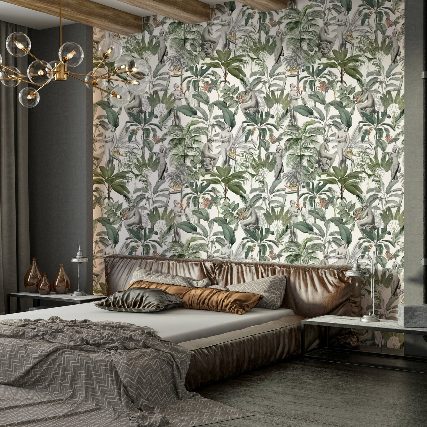 Statement wallpaper with tropical foliage and 3D texture effect


