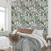 Dimensional tropical wallpaper with layered palm leaf patterns

