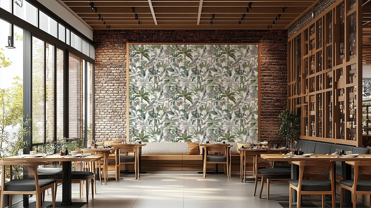 Modern tropical wall mural in bold sculptural style


