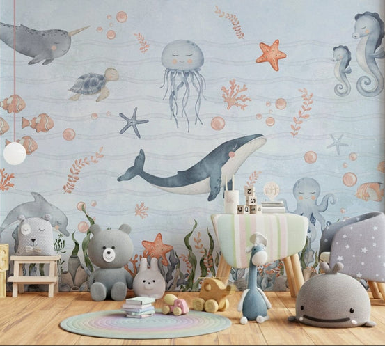 Sea Friends' Nursery Wall Mural in a bright child’s bedroom with white crib wallpaper., GD4105