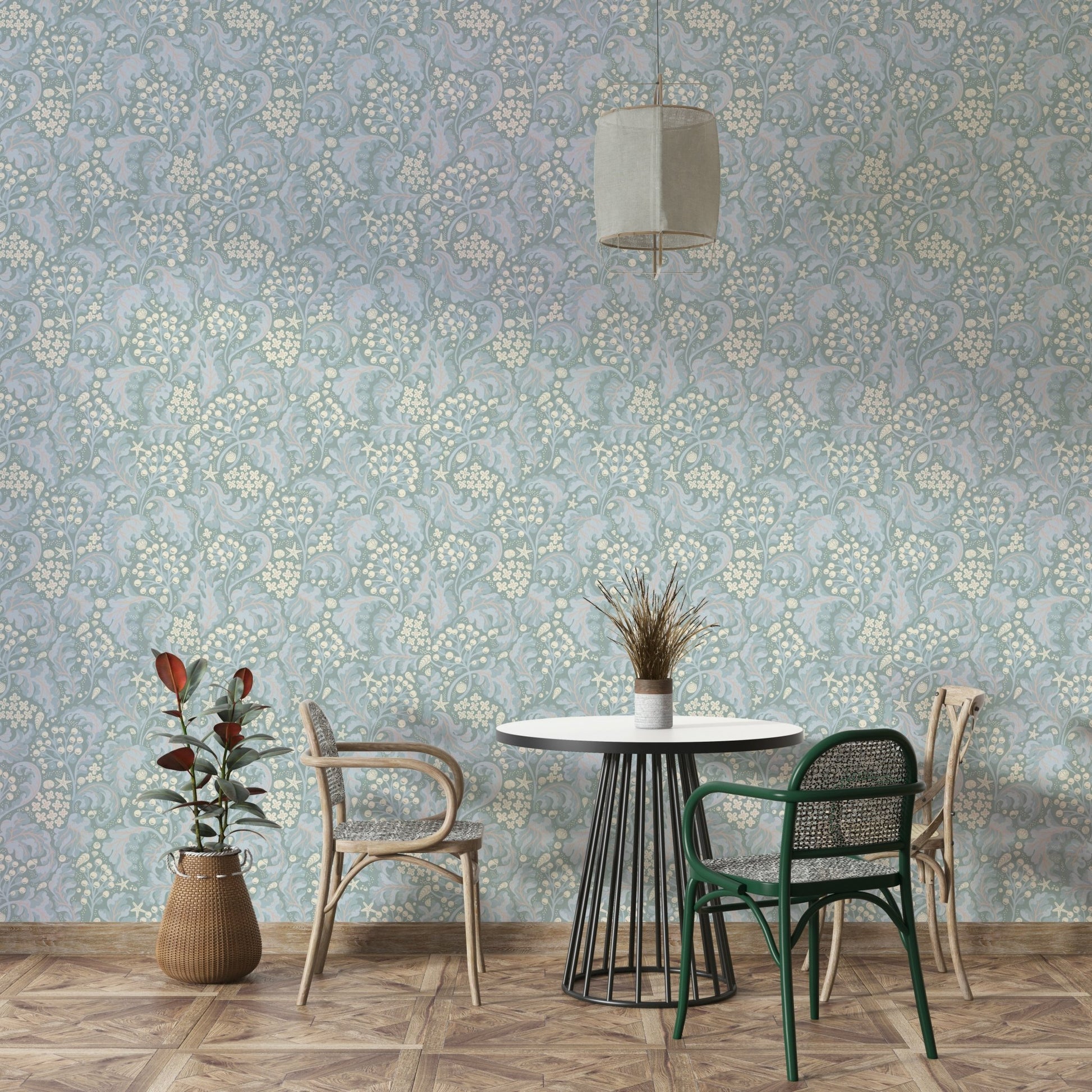 Wallpaper mural with shimmering leaf motifs

