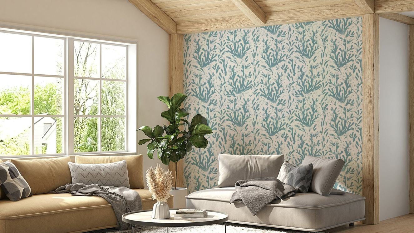 The wallpaper in a bright bathroom with a nautical theme.

