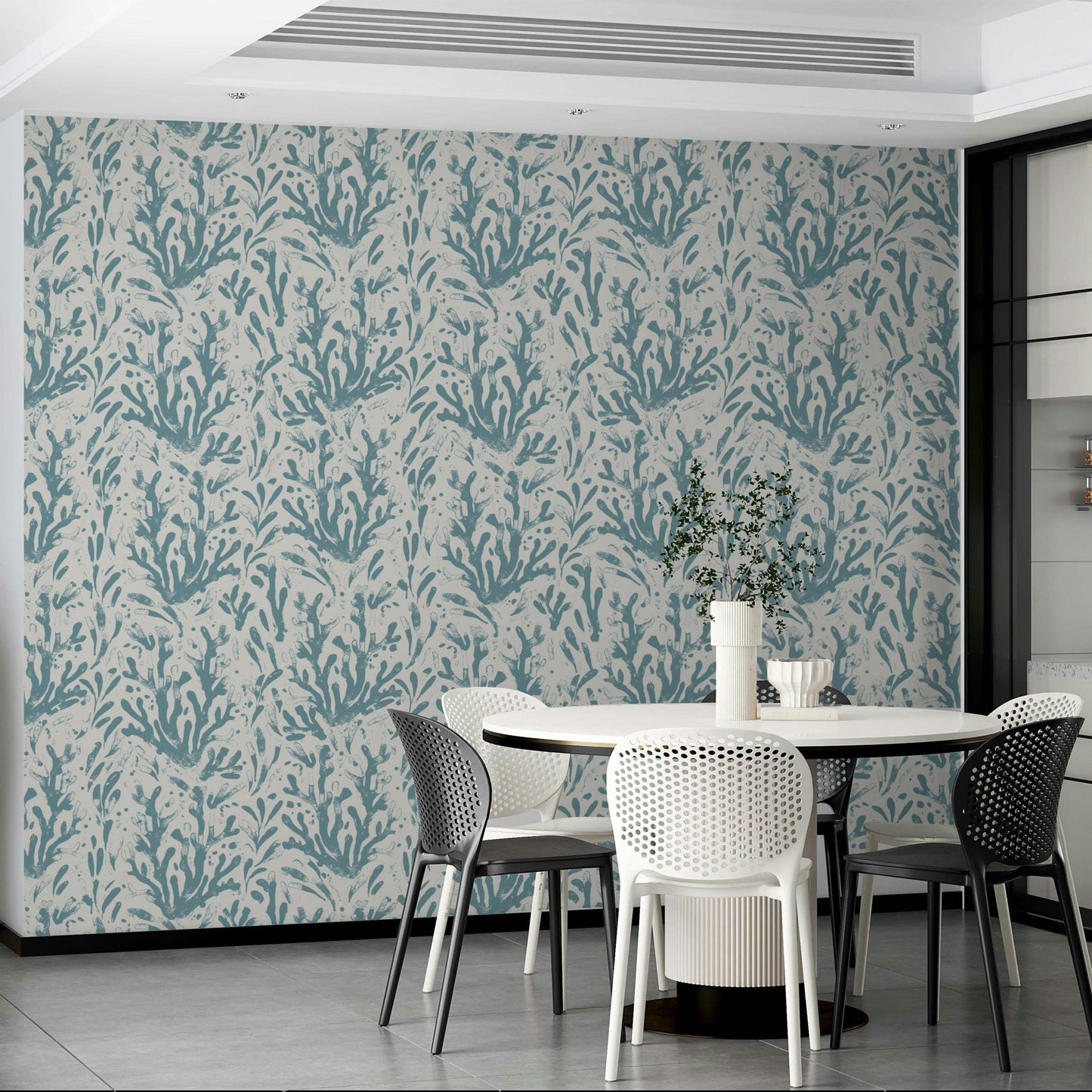 A corner of a room showcasing the wallpaper's full design.

