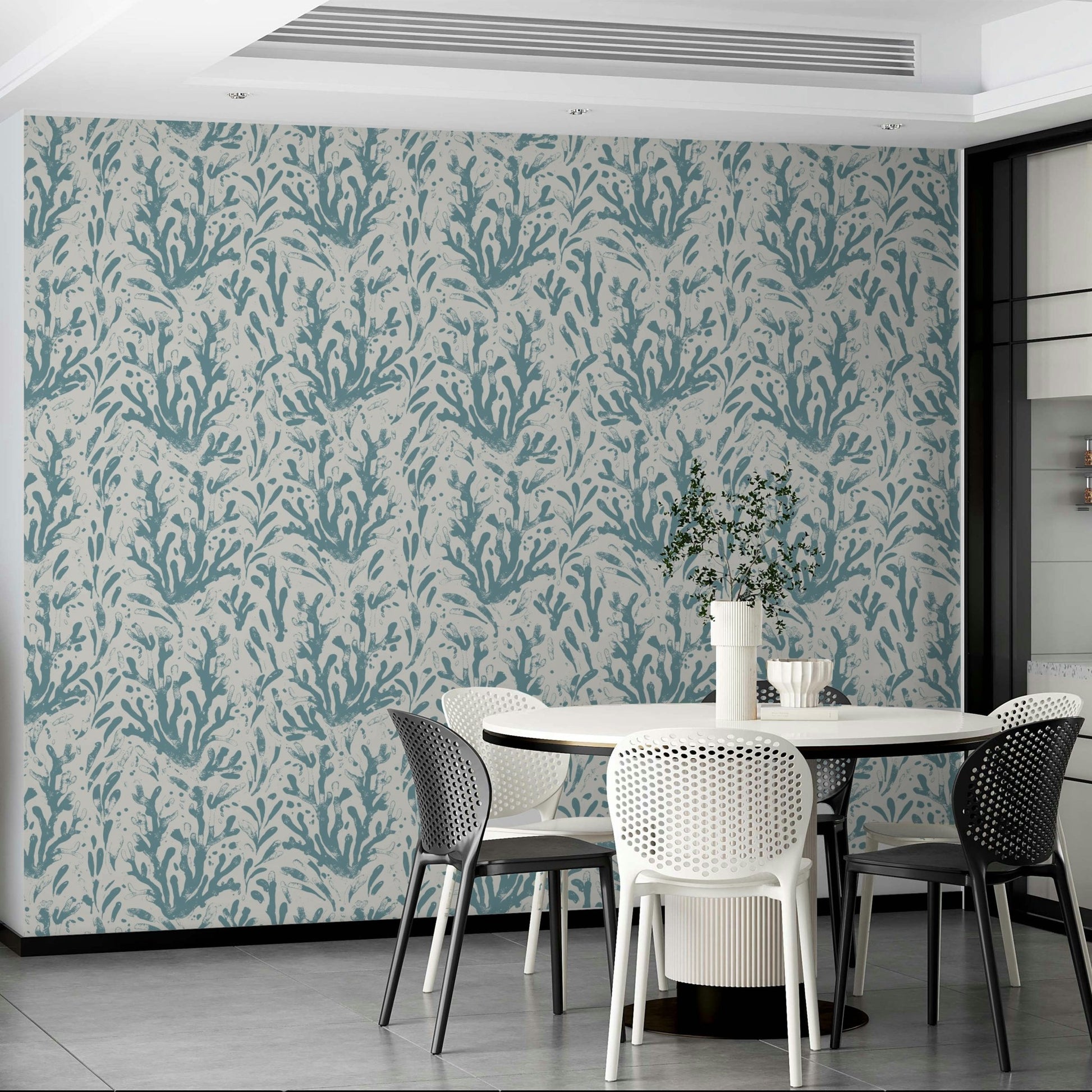 A corner of a room showcasing the wallpaper's full design.

