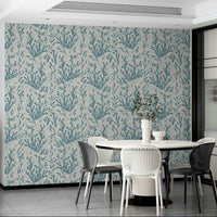 A corner of a room showcasing the wallpaper's full design.

