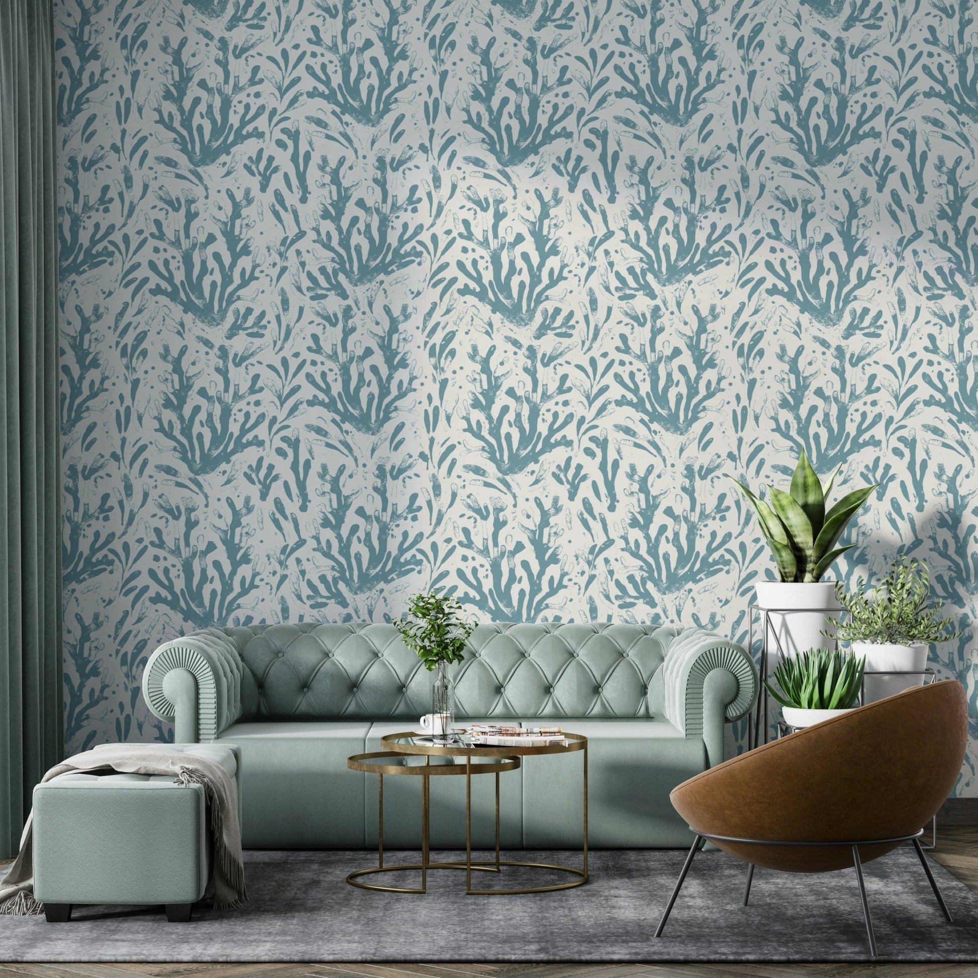 A close-up of a colorful fish and coral pattern on wallpaper.

