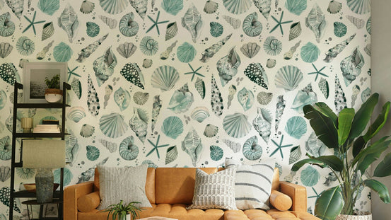Summer beach wallpaper with detailed sea shells and ocean vibes, GD1296