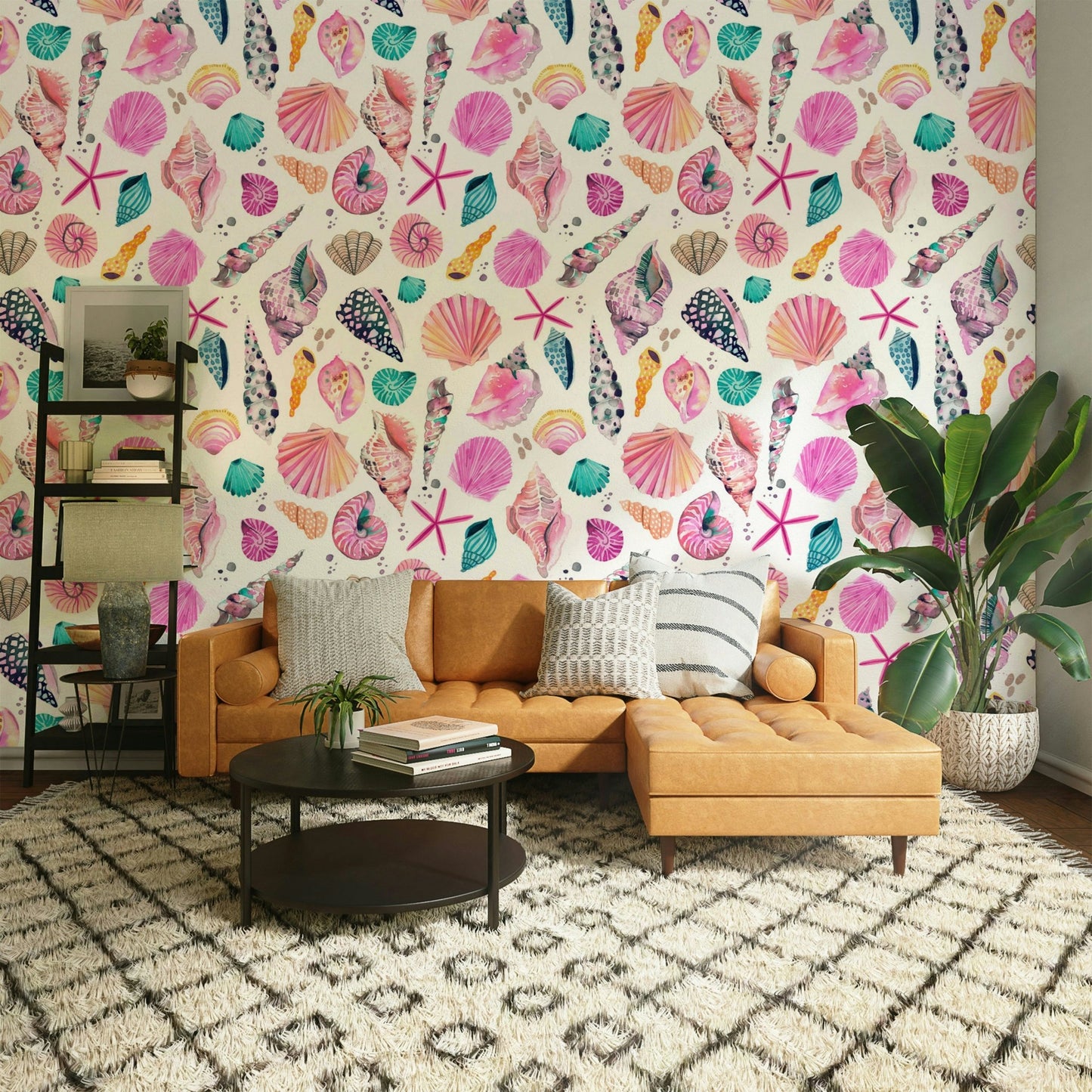 Summer coastal wallpaper with pink shell illustrations, GD1297