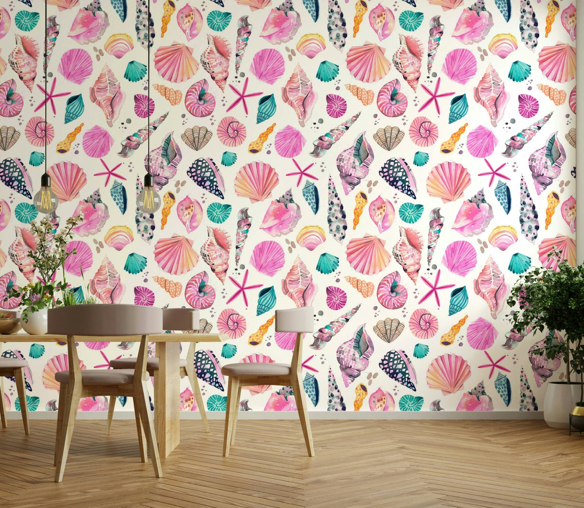 Coastal summer wallpaper with pink sea shells design, GD1297