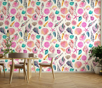 Coastal summer wallpaper with pink sea shells design, GD1297