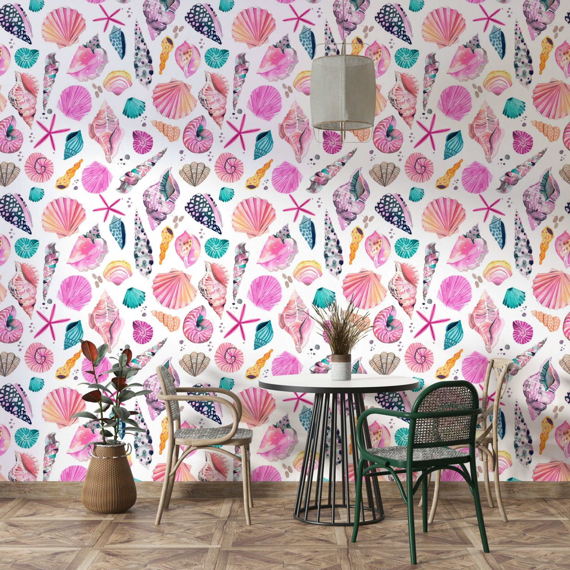 Pink sea shell pattern wallpaper for beach-inspired rooms, GD1297