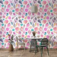 Pink sea shell pattern wallpaper for beach-inspired rooms, GD1297