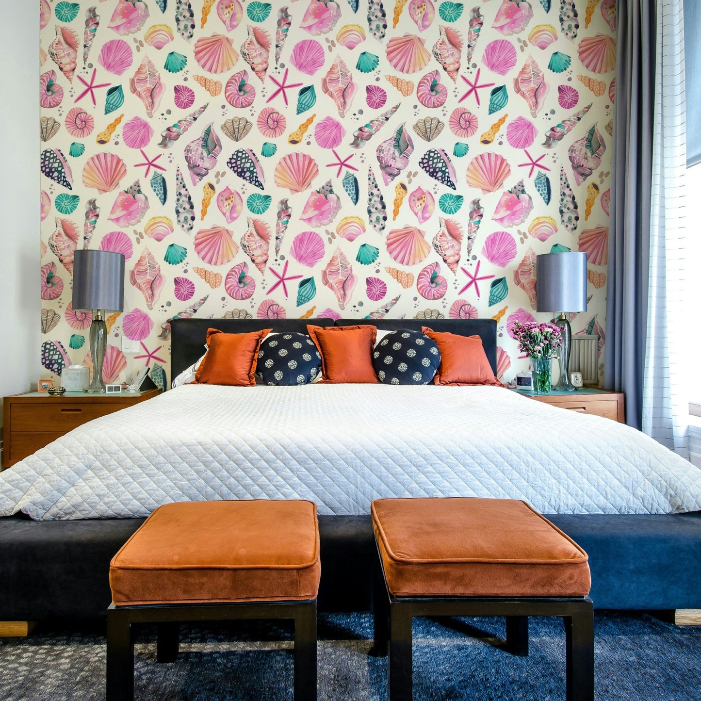 Summer-themed pink wallpaper featuring sea shells, GD1297