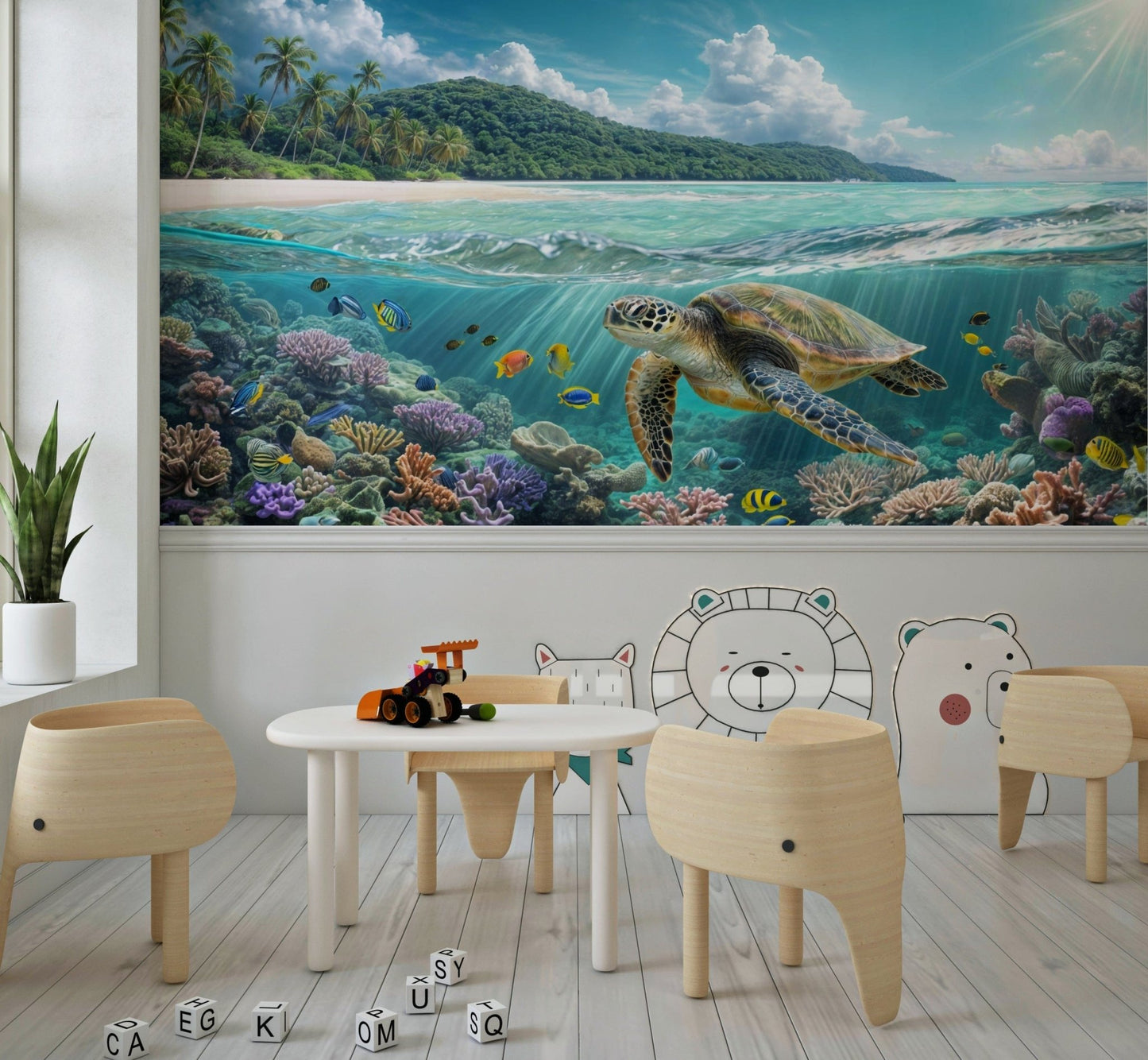 Tropical reef wallpaper for a serene bathroom or spa area.