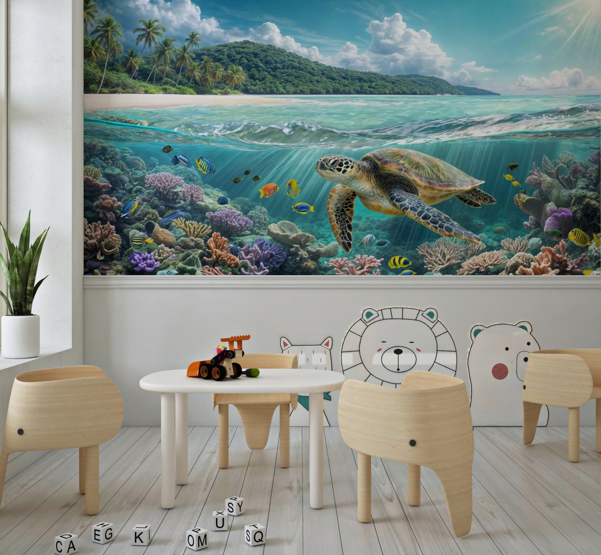 Tropical reef wallpaper for a serene bathroom or spa area.