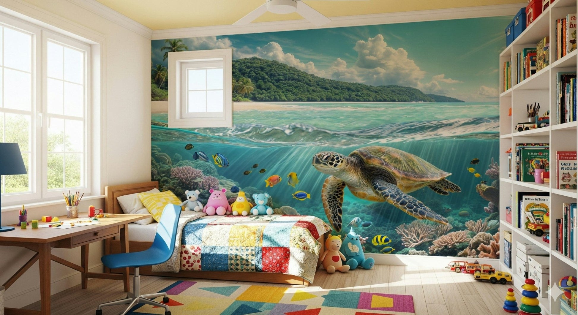 Vibrant ocean floor wall covering in a luxury apartment living area.