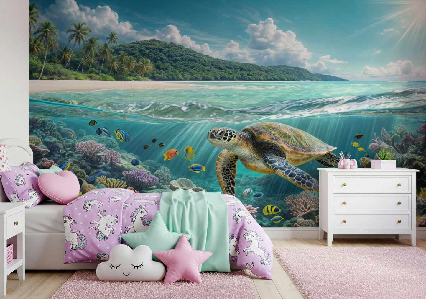 Underwater ocean scene mural for a calm home office feature wall.