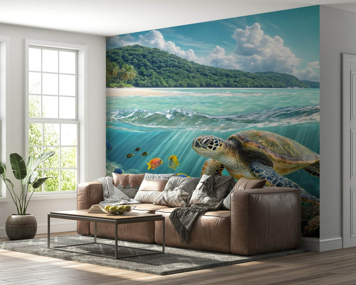 Sea Turtle's Paradise Wall Mural as a backdrop in a coastal style lounge.