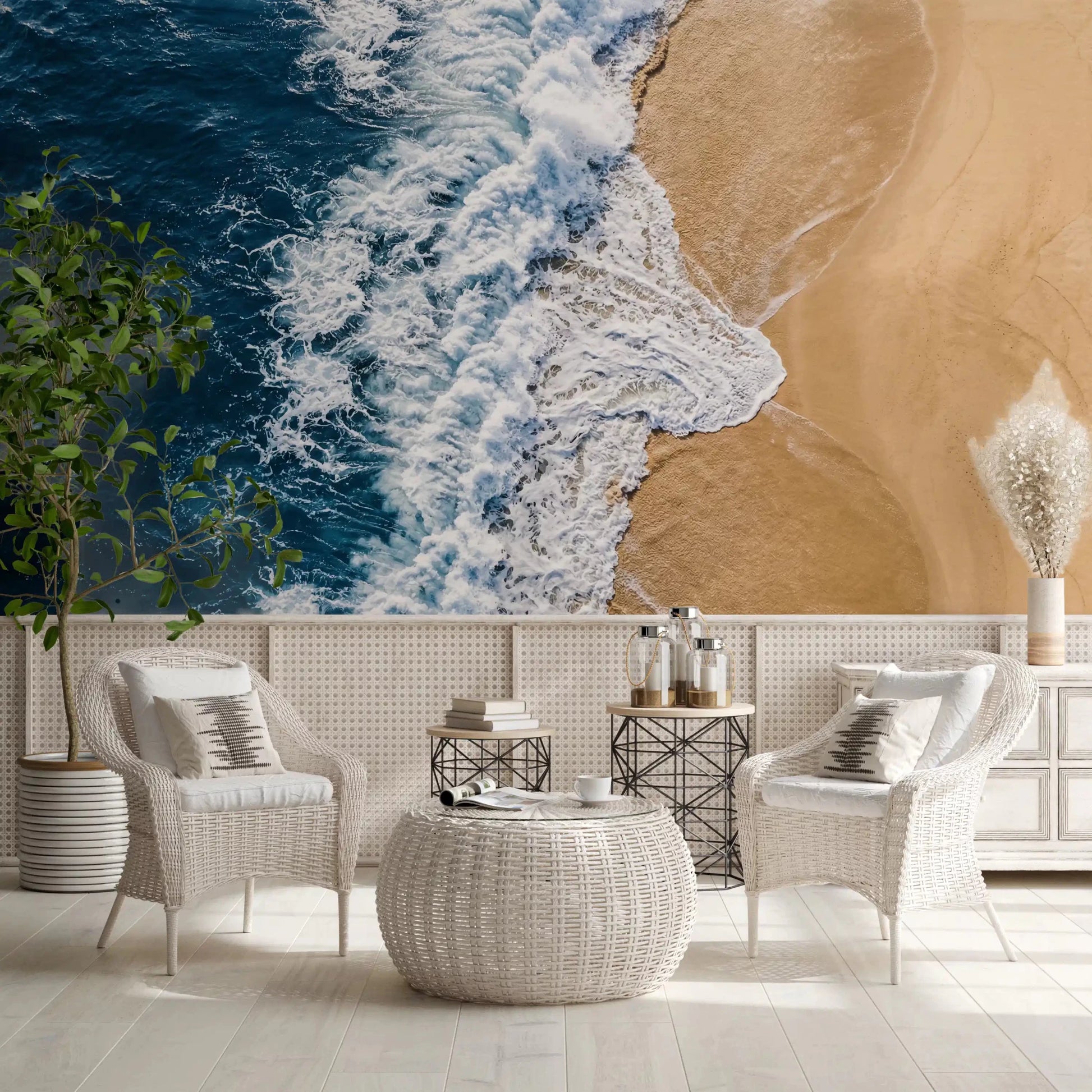 Blue sea meets beige sand in Sea Vs Land wall mural design, GD9220
