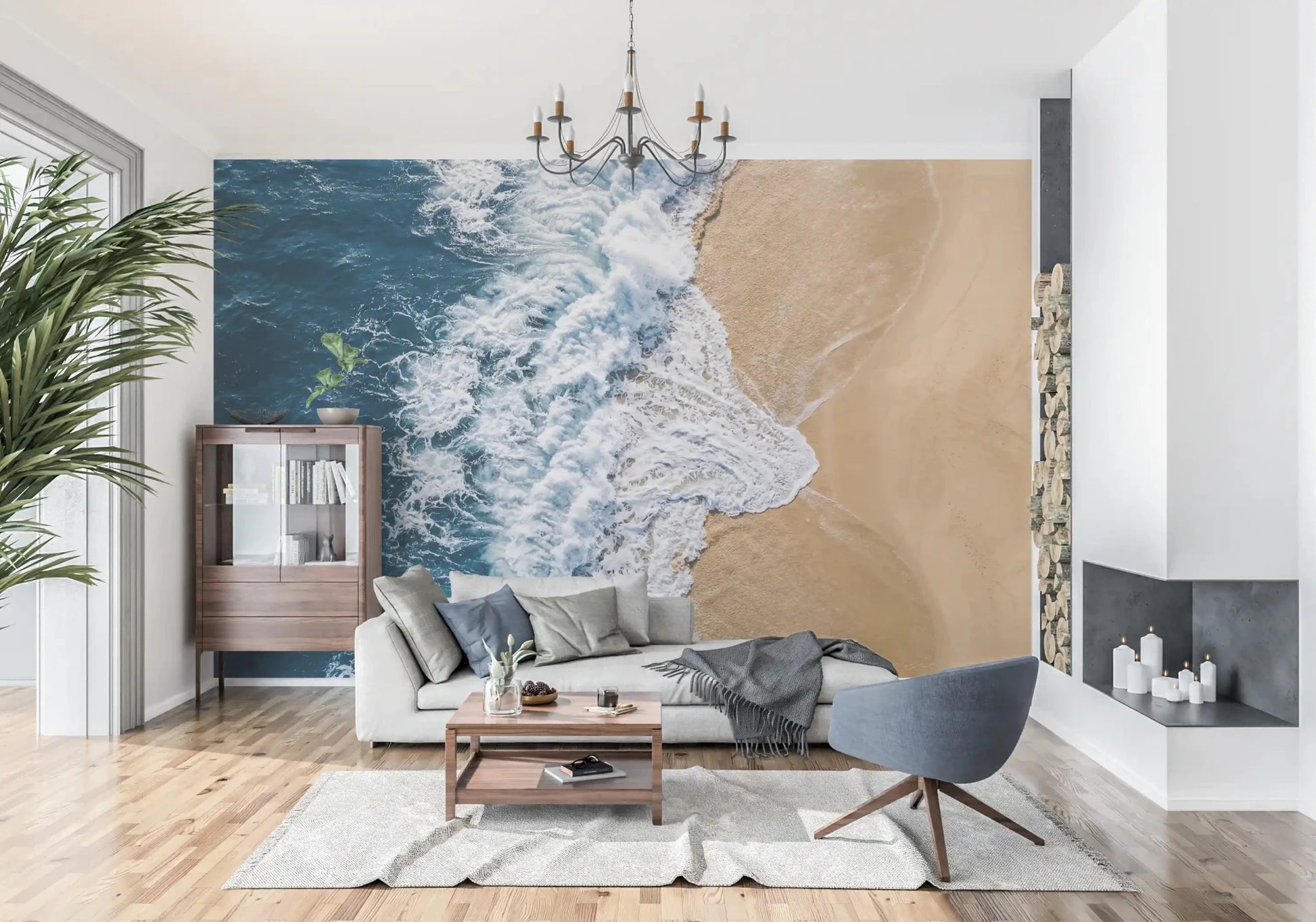 Foamy waves spread across beach in Sea Vs Land wall mural, GD9220