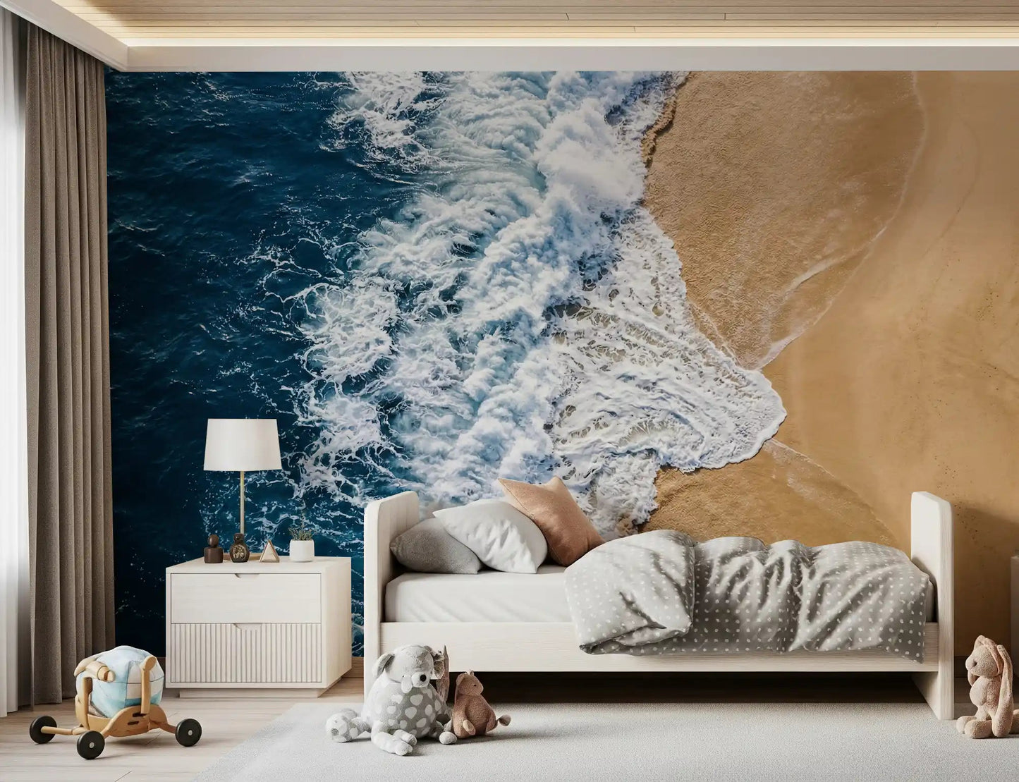 Bedroom shows Sea Vs Land wall mural waves meeting sandy beach, GD9220