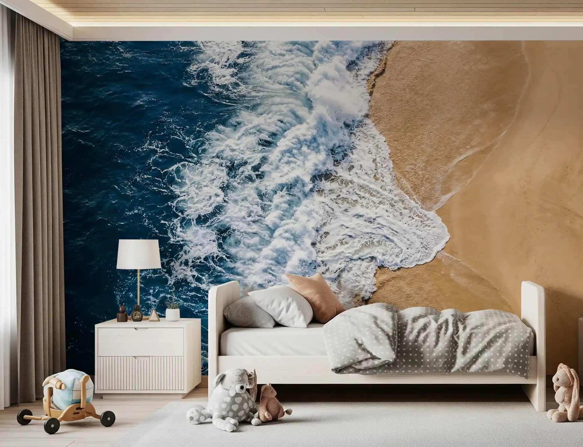 Bedroom shows Sea Vs Land wall mural waves meeting sandy beach, GD9220