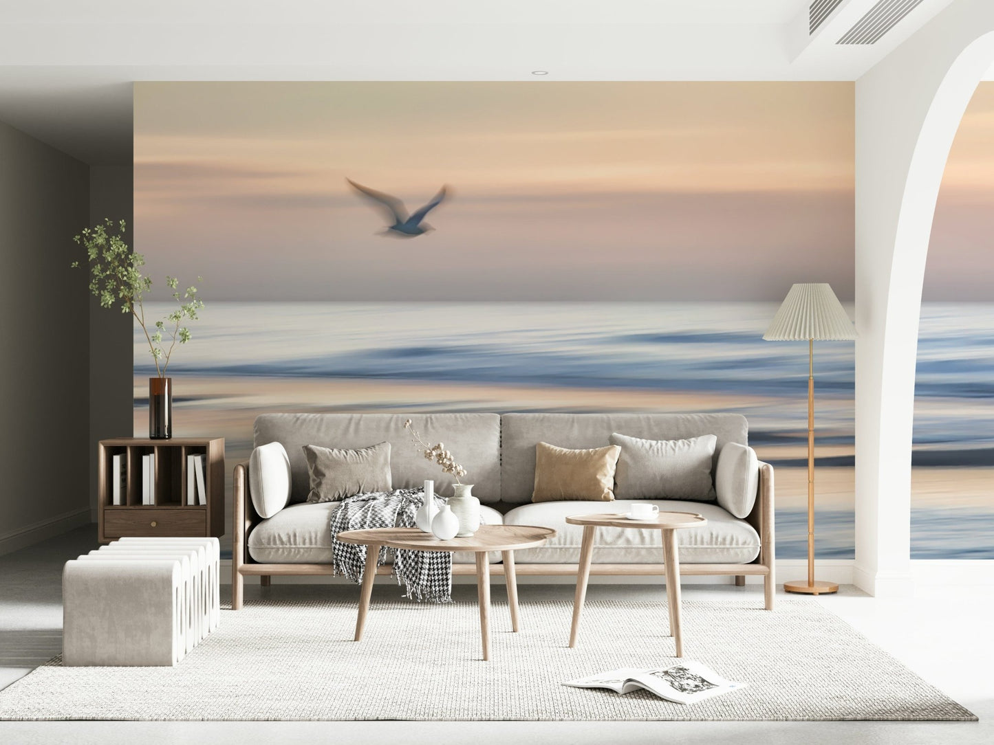 Seagull's Flight Wall Mural featuring soaring birds for a coastal living room wallpaper.