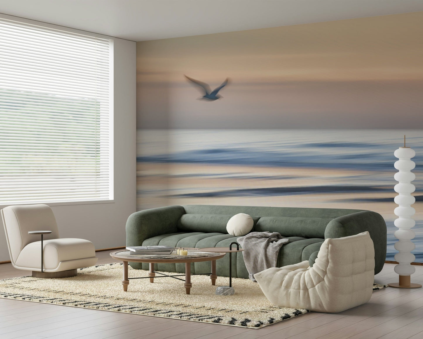 Seagull's Flight Wall Mural with airy cloud textures for a lounge wallpaper.