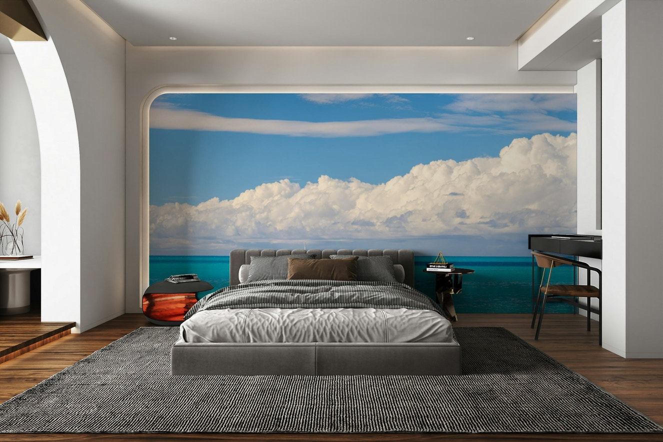 A wall mural of a serene seascape.

