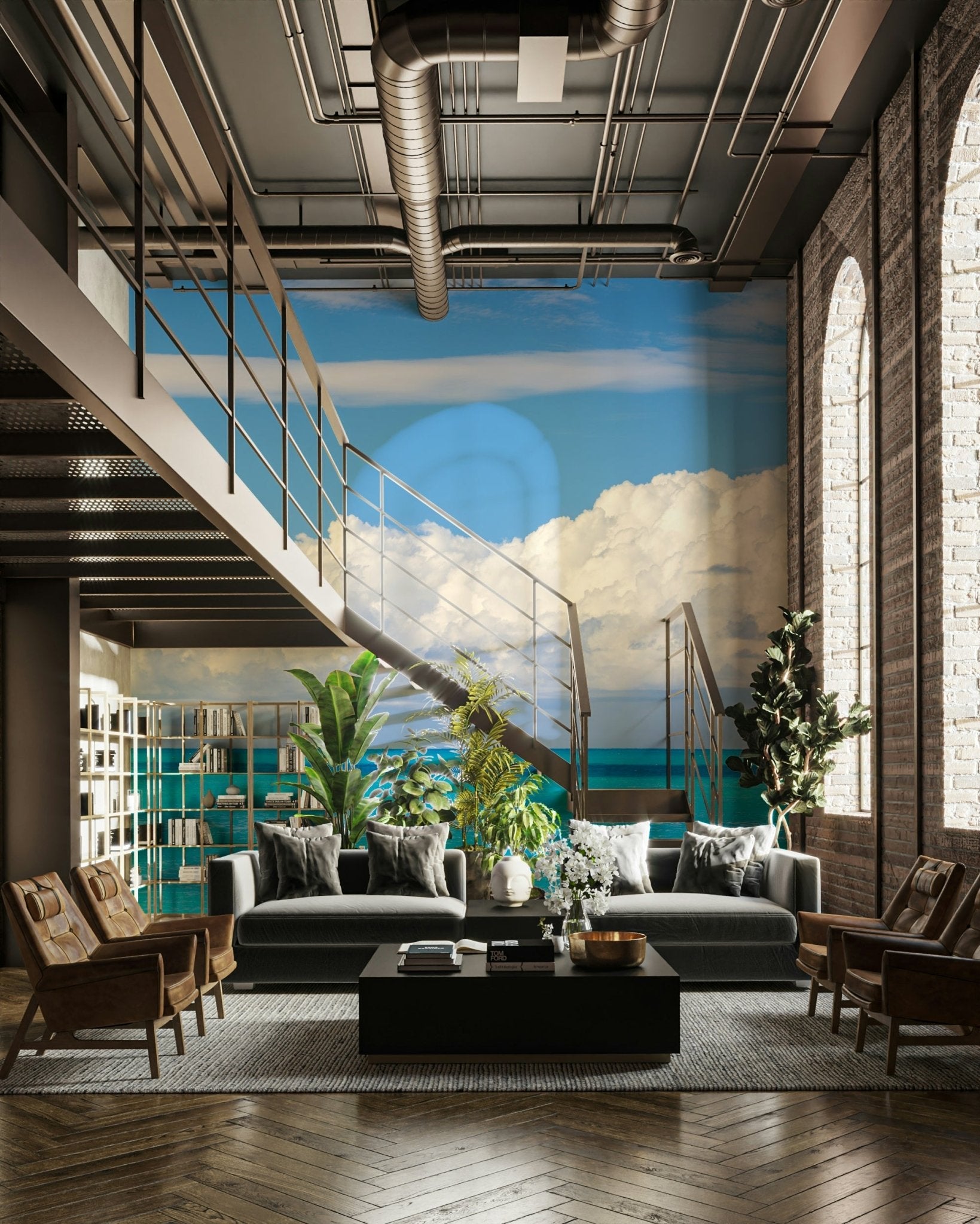 The image depicts a calm ocean under a blue sky with white clouds.