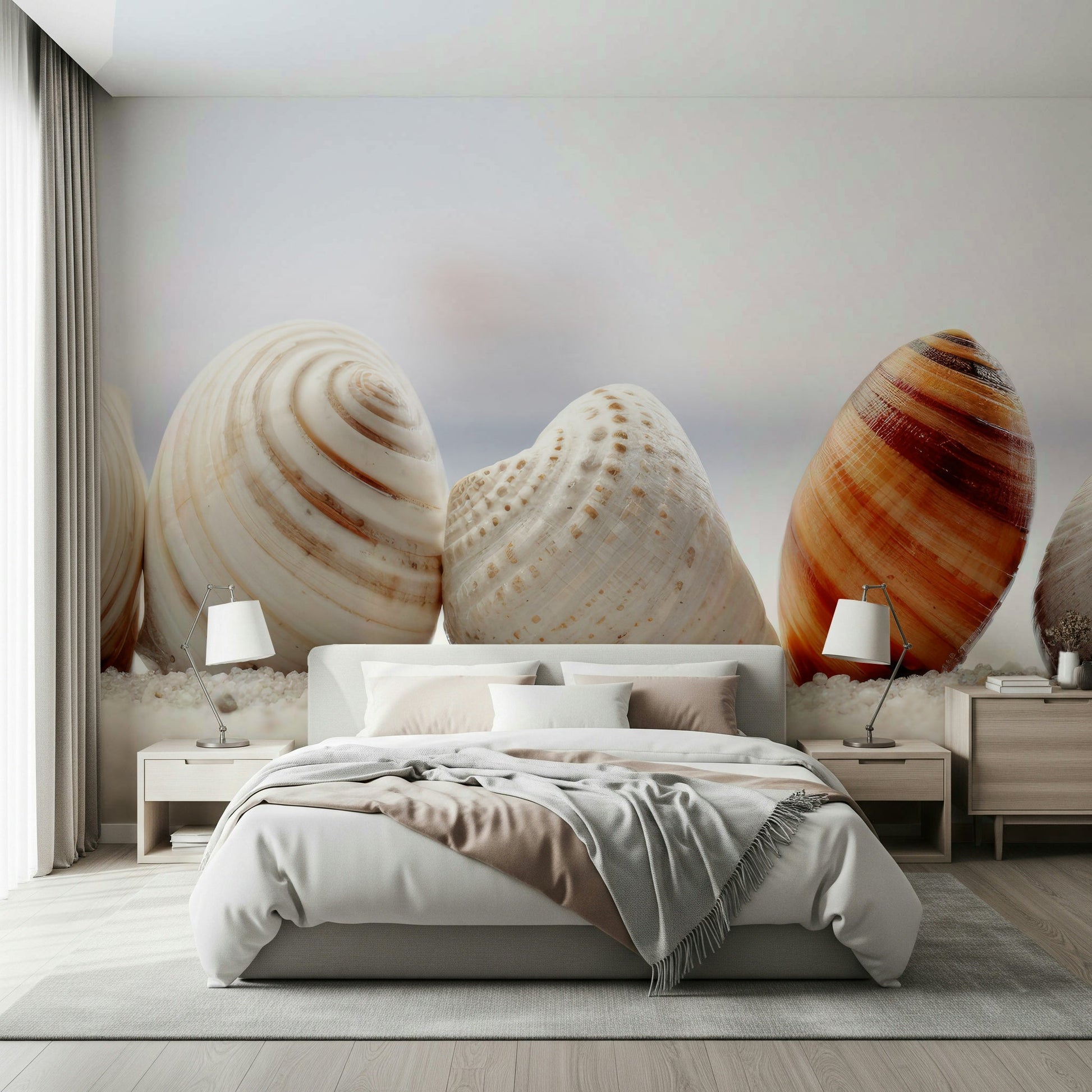 An artistic soft focus seascape mural on minimalist wallpaper.