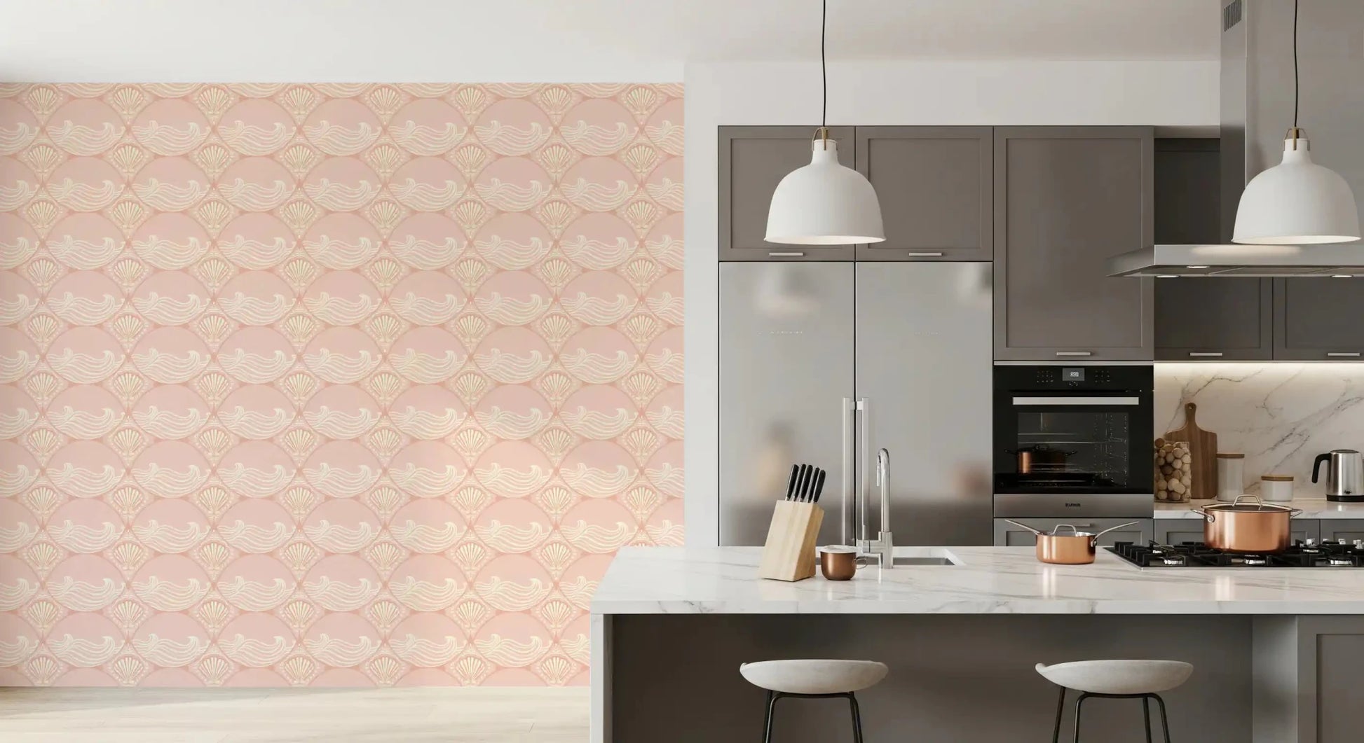 Kitchen showcasing the symmetrical Seashell Serenity Waves Wallpaper look., GD9090