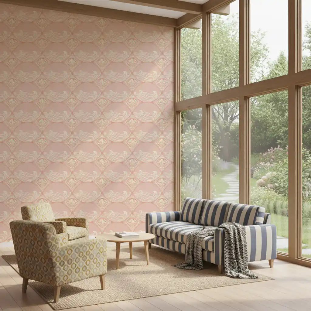 living room covered in the soft peach Seashell Serenity Waves Wallpaper pattern., GD9090