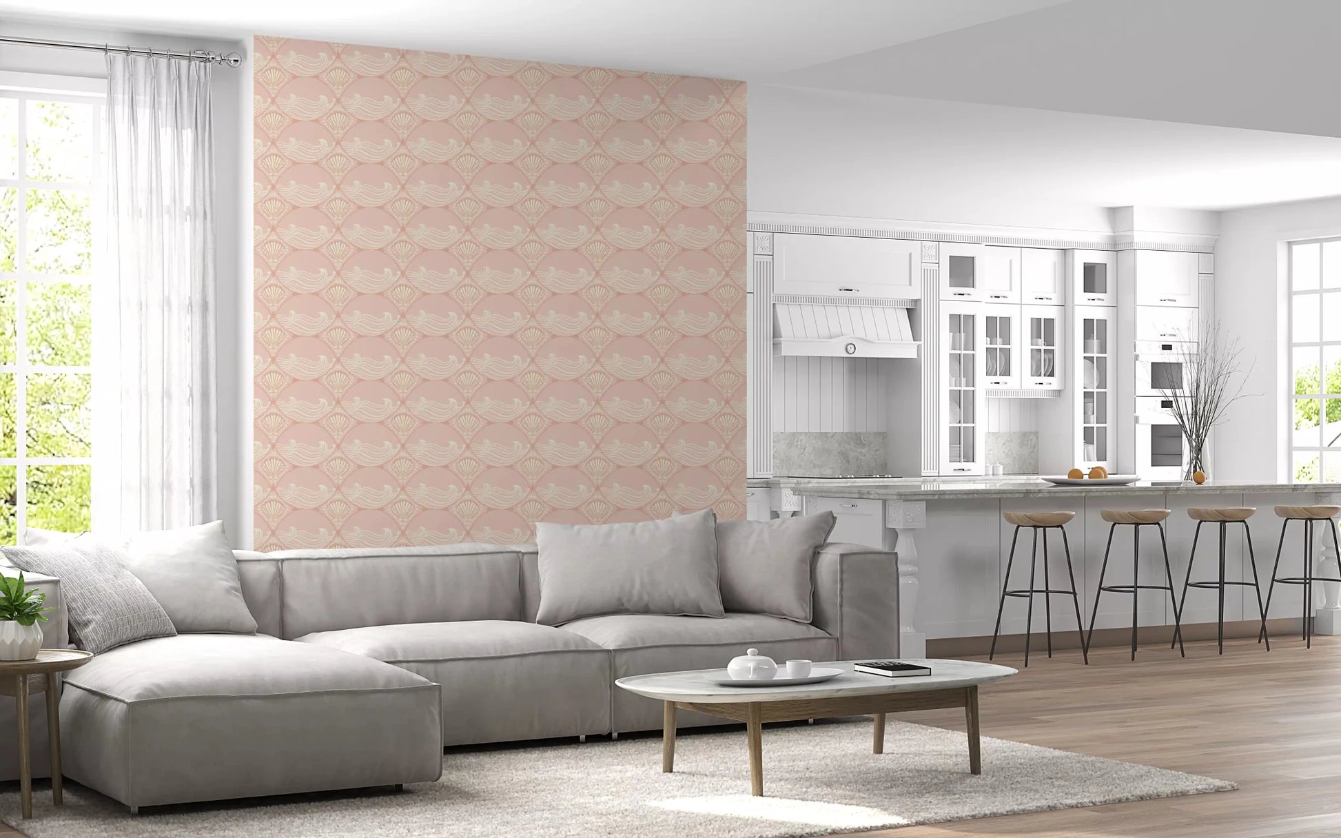 High quality matte finish visible on the Seashell Serenity Waves Wallpaper panel., GD9090