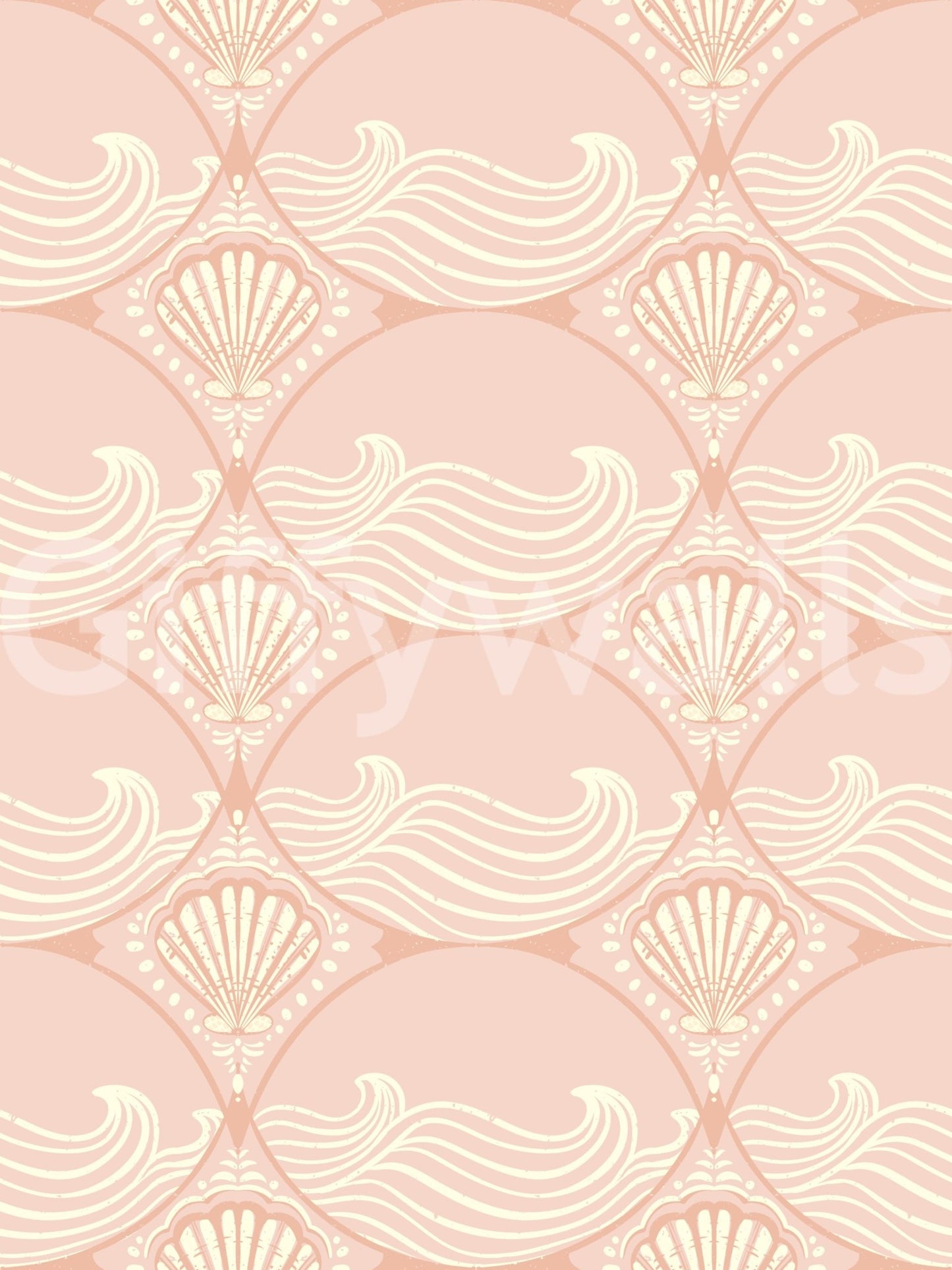 Repeating seashell icons within the soft Seashell Serenity Waves Wallpaper texture., GD9090