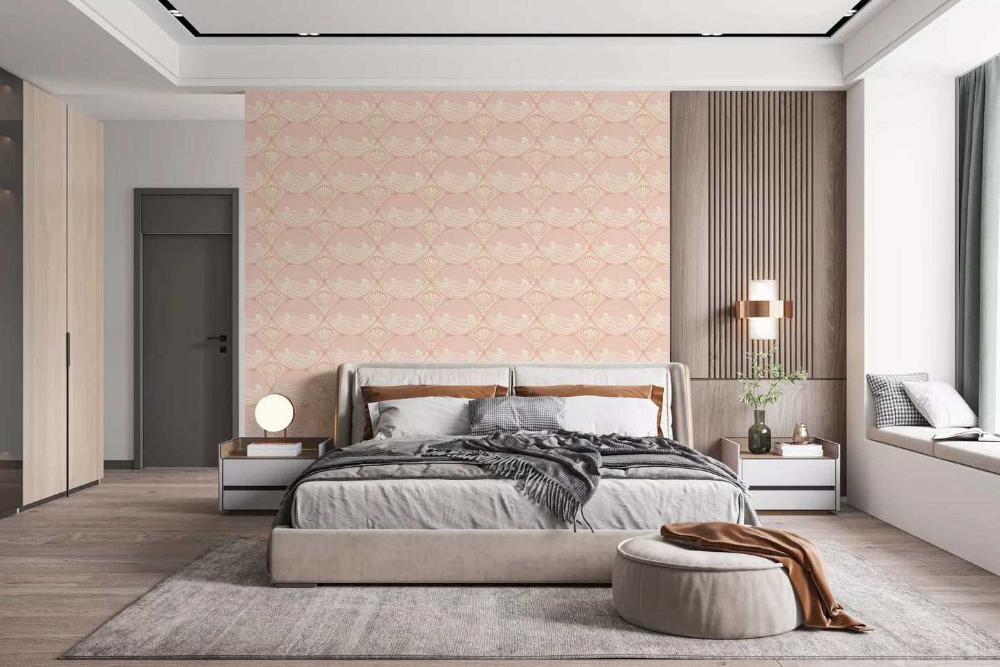 Close up of the peach coastal motifs on Seashell Serenity Waves Wallpaper material., GD9090