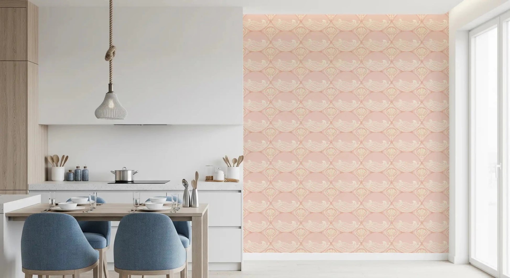 Symmetrical shells and waves define the Seashell Serenity Waves Wallpaper surface., GD9090