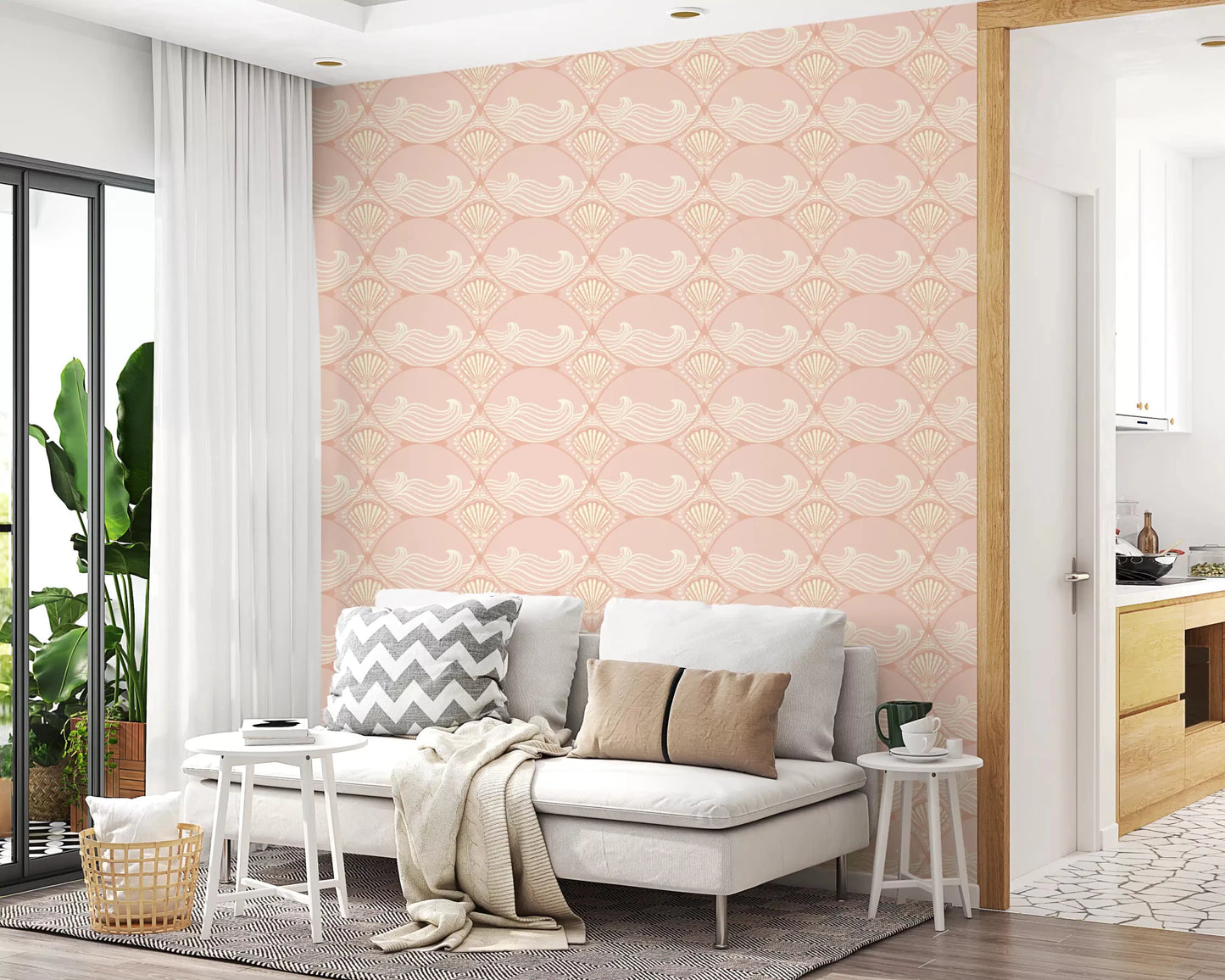This living room setup highlights the calming Seashell Serenity Waves Wallpaper., GD9090
