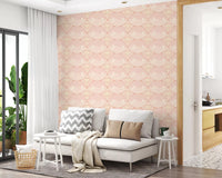 This living room setup highlights the calming Seashell Serenity Waves Wallpaper., GD9090