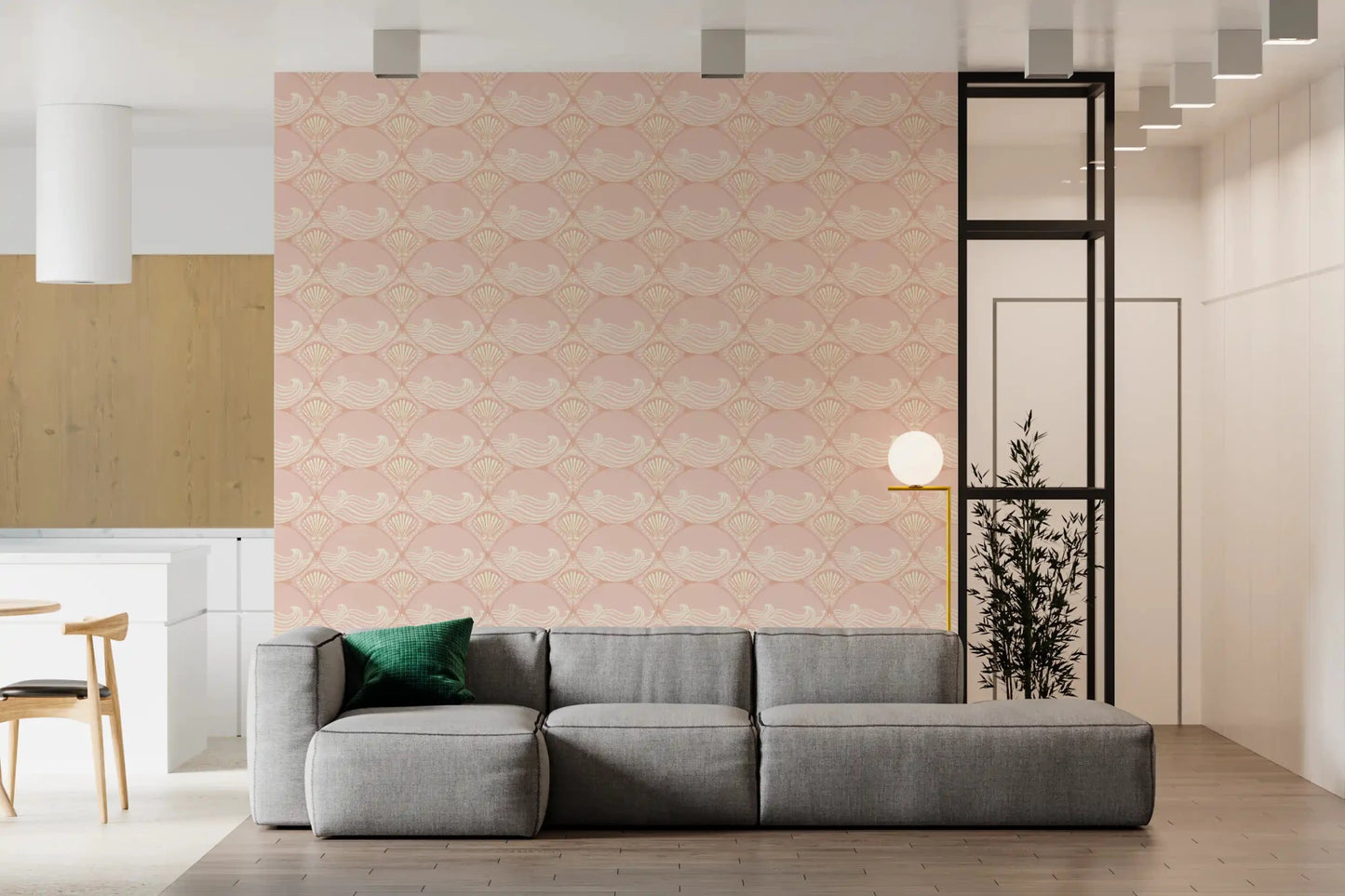 Hallway installation of the subtle Seashell Serenity Waves Wallpaper backdrop., GD9090