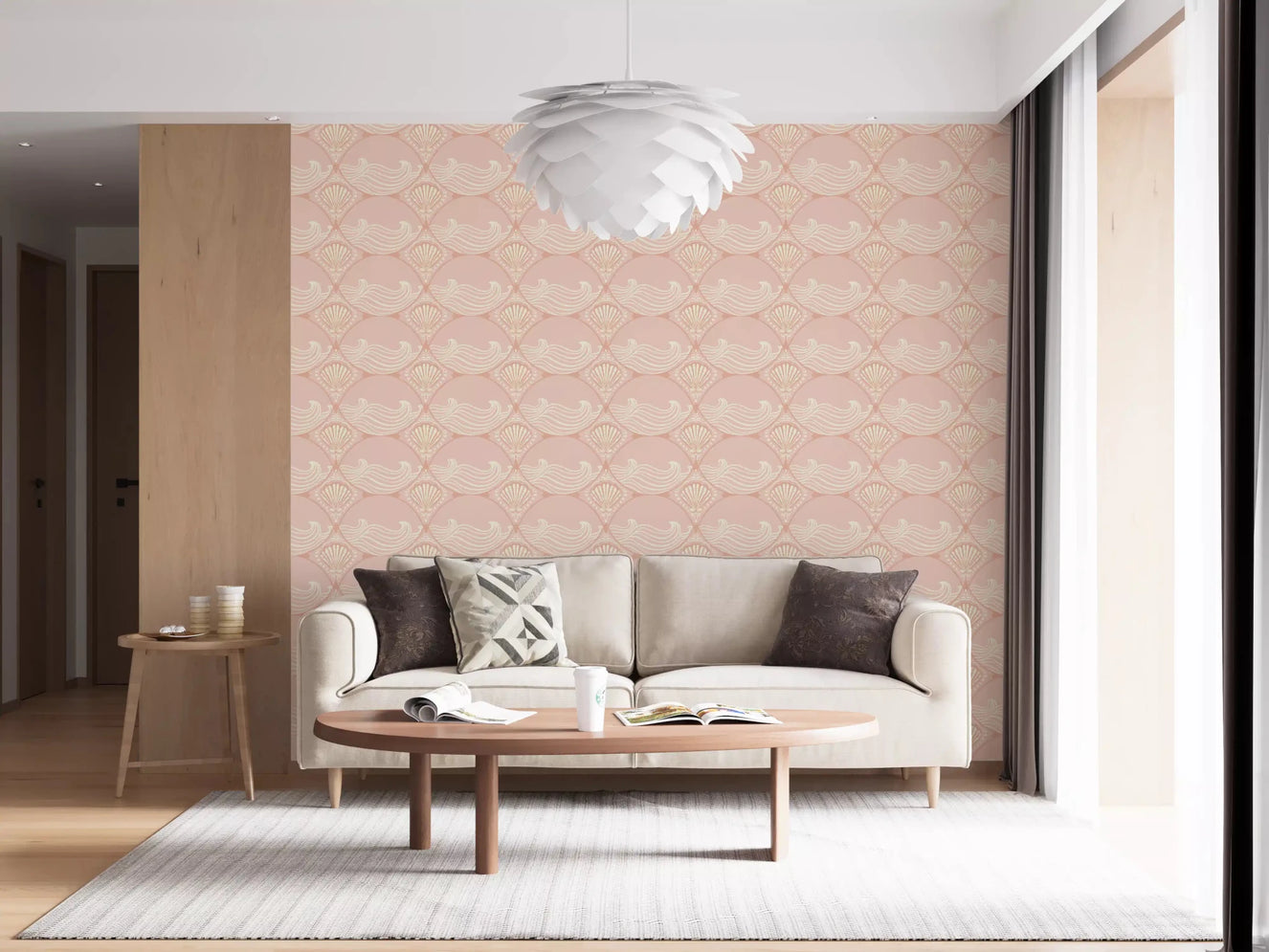 Living room featuring the repeating Seashell Serenity Waves Wallpaper theme.