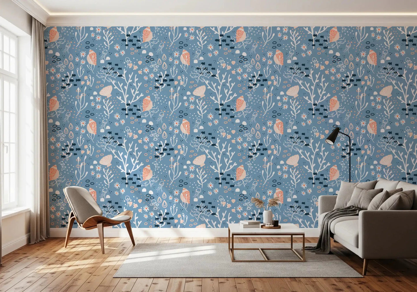 Detailed aquatic motifs repeat on this seashells wallpaper