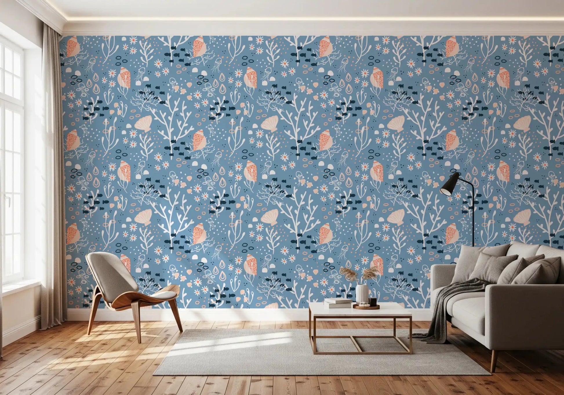Detailed aquatic motifs repeat on this seashells wallpaper