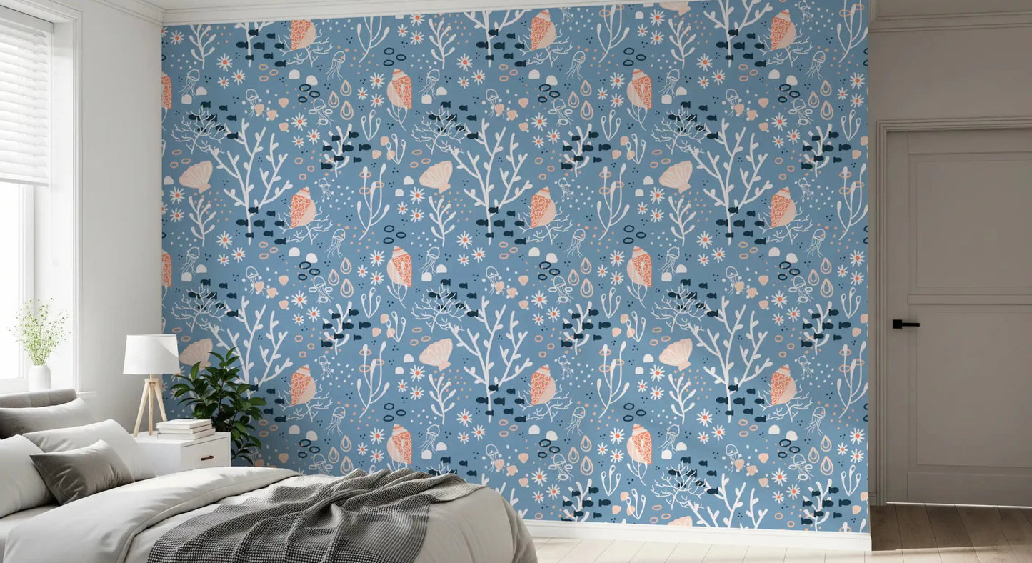 Peach colored shells and small fish on seashells wallpaper⁠GD9444