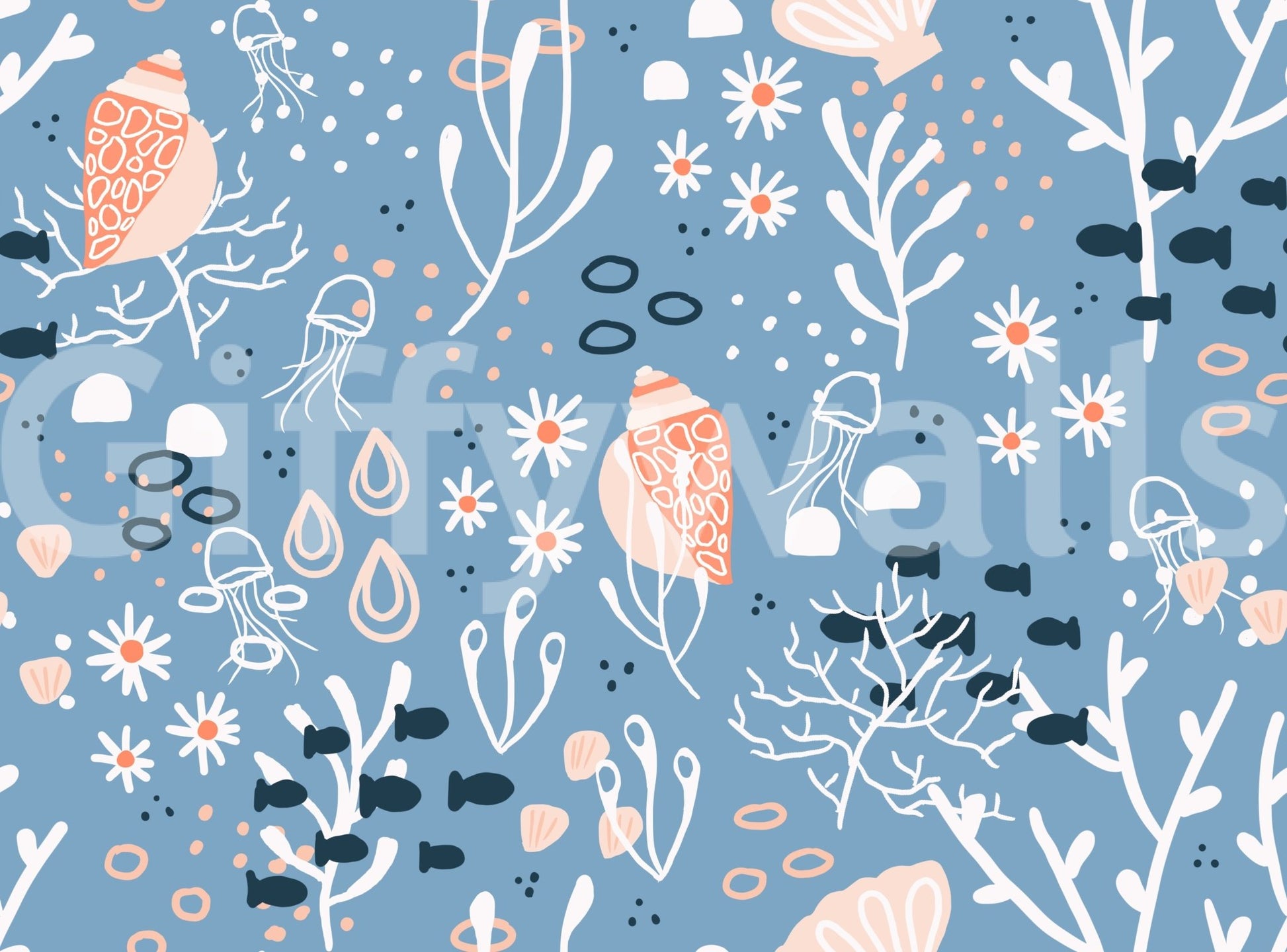 Bubbles and sea life illustrations on seashells wallpaperGD9444