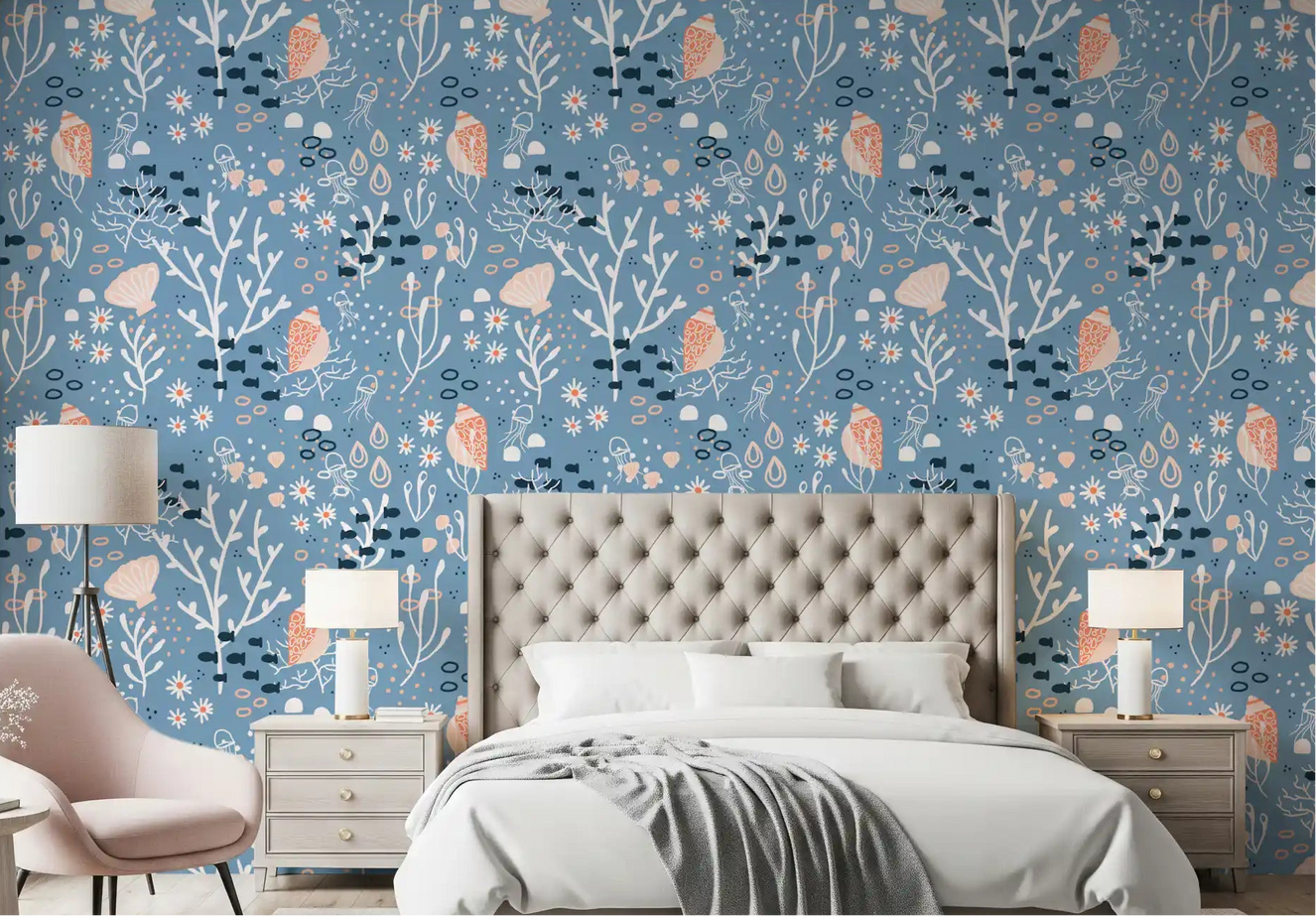 Oceanic Seashells wallpaper creates a calm mood in this bedroomGD9444